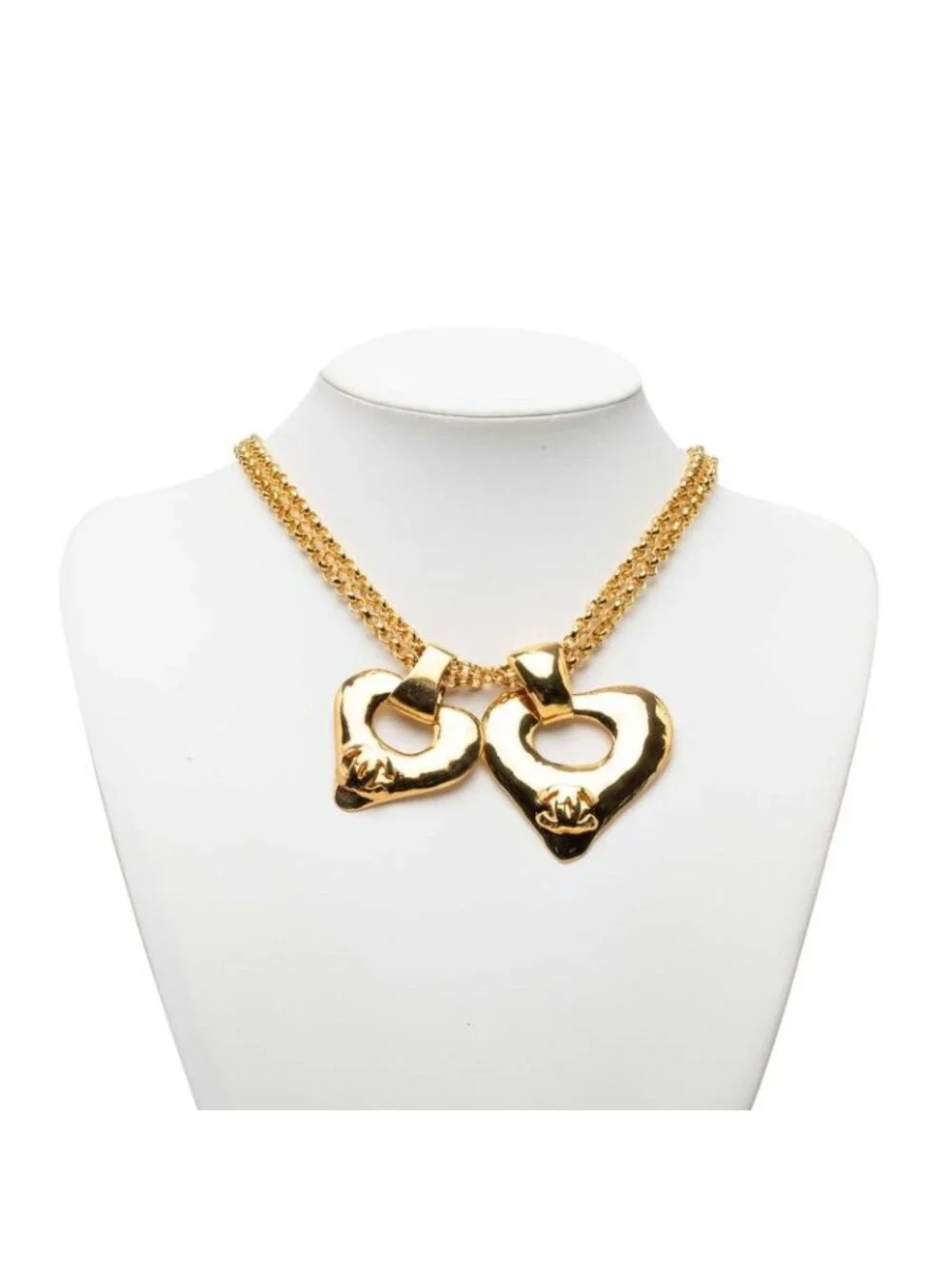 Chanel CC Logo Double Heart Vintage Strand Chain Pendant Gold Plated